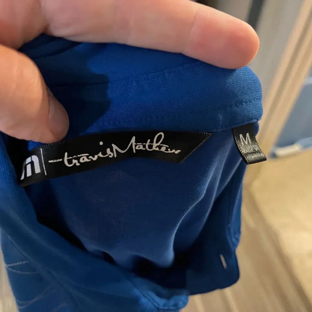 ⛳ TravisMathew Men’s Blue Golf Polo Shirt White Trim Short Sleeve Size M 🧵
